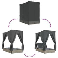 Vidaxl Dvojni ležalnik s streho in zavesami svetlo siv poli ratan
