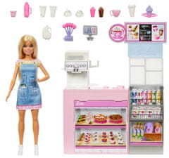 Mattel Barbie Cafe s punčko, blond lasmi, kavnim avtomatom in 10+ igralnimi figurami (HXN94)