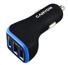 Canyon avtomobilski polnilec C-08, 1xUSB-C (PD 18W) + 2xUSB-A, vhod 12V-24V, izhod 5V-2,4A, Smart IC, CE, RoHS - črno in vijolično