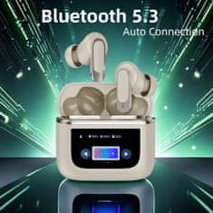 BergMont BREZŽIČNE BLUETOOTH SLUŠALKE V9 Zaslon na dotik in izboljšano zmanjšanje šuma ANC, Bluetooth 5.4, HD mikrofon, Vodoodpornost, Šport, Univerzalna združljivost, Izenačevalnik s 5 načini, Zlati 