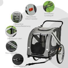 PAWHUT Dog Trailer & Dog Buggy 2-V-1 Prikolica Za Pasje Kolo Z Odsevniki, Za Srednje Velike Pse Do 20 Kg, Tkanina Oxford, Siva 