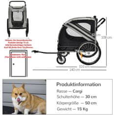 PAWHUT Dog Trailer & Dog Buggy 2-V-1 Prikolica Za Pasje Kolo Z Odsevniki, Za Srednje Velike Pse Do 20 Kg, Tkanina Oxford, Siva 