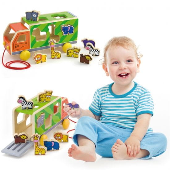 Viga Toys  Leseni avto z živalmi Montessori sortirnik oblik