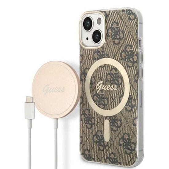 Guess Guess Bundle Pack MagSafe 4G - MagSafe etui za iPhone 14 + komplet polnilnika (rjava/zlata)