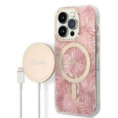 Guess Guess Bundle Pack MagSafe IML Jungle - MagSafe etui za iPhone 14 Pro + komplet polnilnika (roza/zlata)