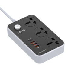 LDNIO Napajalnik s 3 vtičnicami, 4x USB, LDNIO SC3412, EU/US, 2500W (siva)