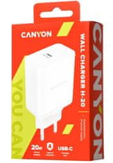 Canyon Mrežni polnilnik H-20, 1x USB-C, napajanje, 20 W, bela barva