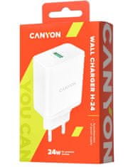 Canyon Mrežni polnilnik H-24, 1x USB-A, Quick Charge 3.0, 24W, bela