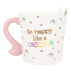 Hrneček ve tvaru jednorožce Ylvi, S potiskem a nápisem : Be happy like a unicorn.