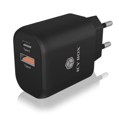 IcyBox 2portni USB Quick Charge 3.0 hitri polnilnik, 1xUSB-C, 1xUSB-A