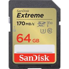 SanDisk Extreme 64GB SDXC spominska kartica + 1 leto RescuePRO Deluxe do170MB/s & 80MB/s branje/zapisovanje, UHS-I, Class 10, U3, V30