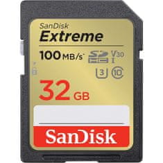 SanDisk Extreme 32GB SDHC spominska katica+ 1 leto RescuePRO Deluxe up to 100MB/s & 60MB/s Branje/Zapisovanje, UHS-I, Class 10, U3, V30