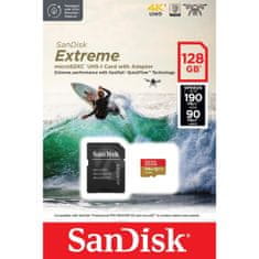 SanDisk Extreme microSDXC 128GB for Action Cams and Drones + SD Adapter 190MB/s & 90MB/s A2 C10 V30 UHS-I U3