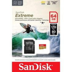 SanDisk Extreme microSDXC 64GB for Action Cams and Drones + SD Adapter 170MB/s & 80MB/s A2 C10 V30 UHS-I U3