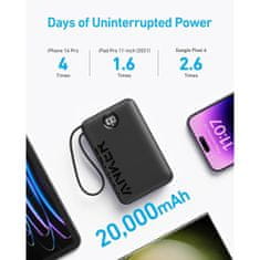 Anker PowerCore 335 powerbank 20K z vgrajenim kablom USB-C, črn