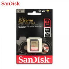 SanDisk Extreme 64GB SDXC spominska kartica + 1 leto RescuePRO Deluxe do170MB/s & 80MB/s branje/zapisovanje, UHS-I, Class 10, U3, V30