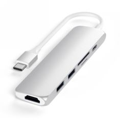 NEW Satechi Aluminium Adapter Slim v2 - potovalni adapter iz aluminija za mobilne naprave USB-C (USB-C, 2x USB-A, 4K HDMI, bralnik kartic micro/SD) (srebrn)