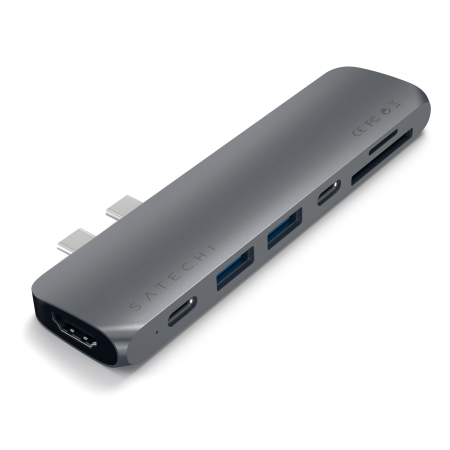 NEW Satechi Pro Hub Adapter - aluminijasto vozlišče z dvema USB-C za MacBook (2x USB-C, 2x USB-A, 4K HDMI, bralnik kartic micro/SD) (vesoljsko siva)