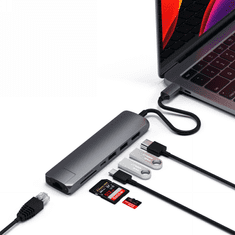 NEW Satechi Slim večportni adapter za mobilne naprave USB-C (USB-C PD, 2x USB-A, HDMI 4K, Ethernet, bralnik kartic micro/SD) (vesoljsko siva)