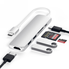 NEW Satechi Aluminium Adapter Slim v2 - potovalni adapter iz aluminija za mobilne naprave USB-C (USB-C, 2x USB-A, 4K HDMI, bralnik kartic micro/SD) (srebrn)