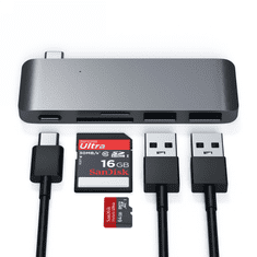 NEW Satechi Type-C USB Passthrough Hub - aluminijasto vozlišče za mobilne naprave USB-C (USB-C 60W, 2x USB-A, bralnik kartic micro/SD) (vesoljsko siva)