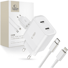 Tech-protect TECH-PROTECT C20W 2-PORTNI OMREŽNI POLNILEC PD20W + LIGHTNING KABEL BEL