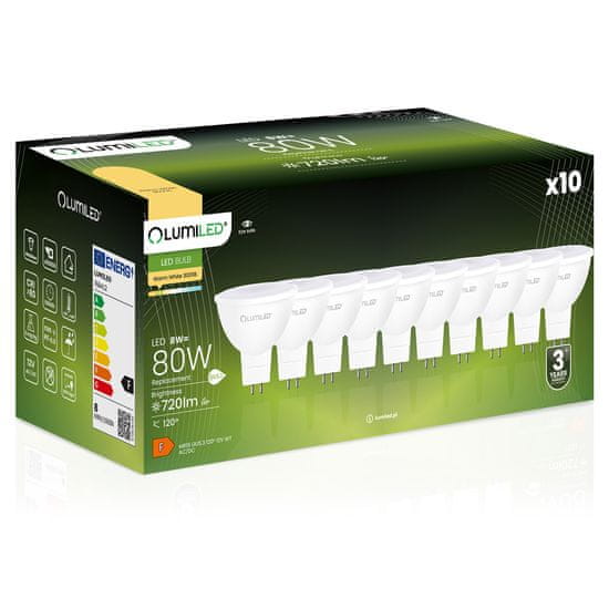 LUMILED 10x LED žarnica GU5.3 MR16 8W = 80W 720lm 3000K Topla bela 120° 12V