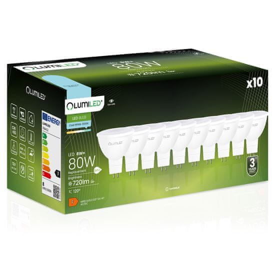 LUMILED 10x LED žarnica GU5.3 MR16 8W = 80W 720lm 6500K Hladno bela 120° 12V