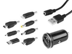 Carmotion Univerzalni polnilec 2x USB 3,4A + kabel 120 cm + 7 konic, črn