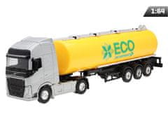 Carmotion Model 1:64, VOLVO FH, srebrn traktor, rumena cisterna ECO