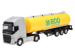 Carmotion Model 1:64, VOLVO FH, srebrn traktor, rumena cisterna ECO