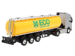 Carmotion Model 1:64, VOLVO FH, srebrn traktor, rumena cisterna ECO