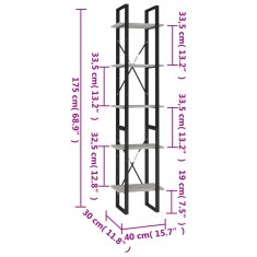 Vidaxl Knjižna omara 5-nadstropna betonsko siva 40x30x175 cm inž. les