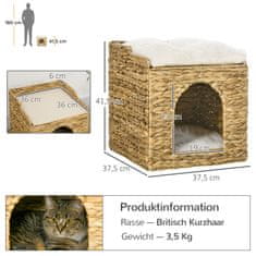 PAWHUT Rattan Cat Cave 2-Nivojska Blazina Water Hyacinth Brown Do 5 Kg 