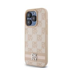 DKNY DKNY Usnjeno ohišje s karirastim enobarvnim vzorcem in potiskanimi črtami - etui za iPhone 15 Pro (roza)