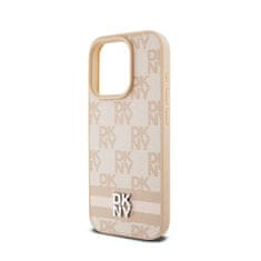 DKNY DKNY Usnjeno ohišje s karirastim enobarvnim vzorcem in potiskanimi črtami - etui za iPhone 15 Pro (roza)