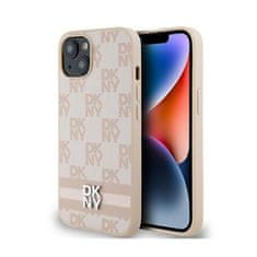 DKNY DKNY Usnjeno ohišje s karirastim enobarvnim vzorcem in potiskanimi črtami - ohišje za iPhone 15 / 14 / 13 (roza)