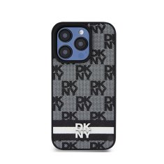 DKNY DKNY Usnjeno ohišje s karirastim enobarvnim vzorcem in potiskanimi črtami - ohišje za iPhone 15 Pro (črno)