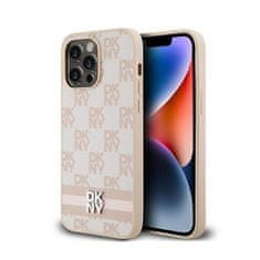 DKNY DKNY Usnjeno ohišje s karirastim enobarvnim vzorcem in potiskanimi črtami - ohišje za iPhone 14 Pro Max (roza)