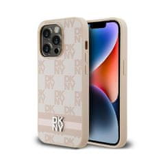 DKNY DKNY Usnjeno ohišje s karirastim enobarvnim vzorcem in potiskanimi črtami - etui za iPhone 14 Pro (roza)