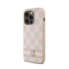 DKNY DKNY Usnjeno ohišje s karirastim enobarvnim vzorcem in potiskanimi črtami - etui za iPhone 14 Pro (roza)