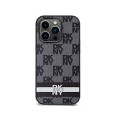 DKNY DKNY Usnjeno ohišje s karirastim enobarvnim vzorcem in potiskanimi črtami - etui za iPhone 14 Pro (črno)