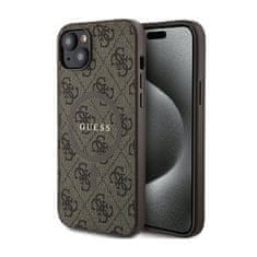 Guess Usnjeni kovinski MagSafe etui z logotipom za iPhone 15 Plus / 14 Plus iz kolekcije Guess 4G (rjav)