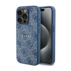 Guess Guess 4G Collection Usnjeno ohišje s kovinskim logotipom MagSafe - iPhone 14 Pro (modro)