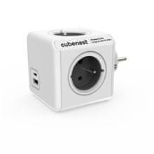 PowerCube Cubenest Original USB PD 20W, A+C, 4× vtičnica, bela/siva, otroška varovalka, ozemljitev, max. 16A/250V~3680W