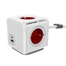 PowerCube Cubenest Extended USB PD 20W, A+C, 4× vtičnica, 1,5 m, bela/rdeča, otroška varnost, ozemljitev, dock, 10A/250V