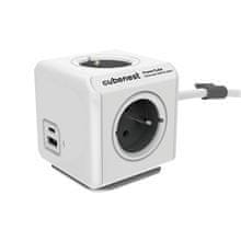 PowerCube Cubenest Extended USB PD 20W, A+C, 4× vtičnica, 1,5 m, bela/siva, otroška varnost, ozemljitev, dock, 10A/250V