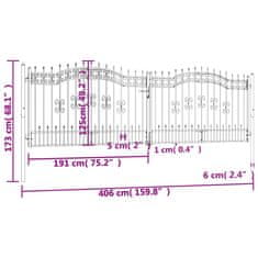 Vidaxl Vrata za ograjo s suličastim vrhom črna 406x173 cm prašno jeklo