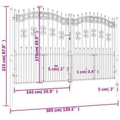 Vidaxl Vrata za ograjo s suličastim vrhom črna 305x223 cm prašno jeklo