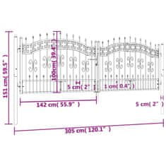 Vidaxl Vrata za ograjo s suličastim vrhom črna 305x151 cm prašno jeklo